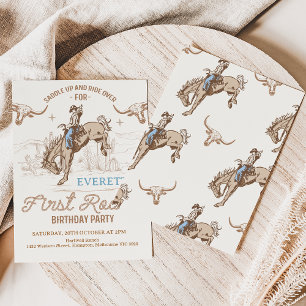 Vintage Blau Brauner Cowboy Rodeo 1. Geburtstag Einladung