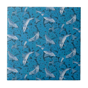 Vintage Blau Fische & Seetang: Art Nouveau Nautica Fliese