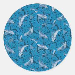 Vintage Blau Fische & Seetang: Art Nouveau Nautica Runder Aufkleber