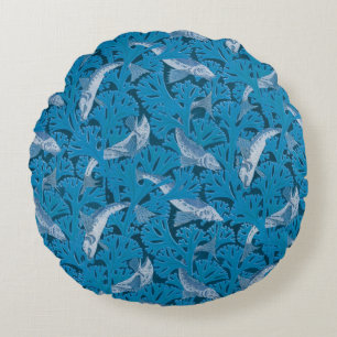 Vintage Blau Fische & Seetang: Art Nouveau Nautica Rundes Kissen