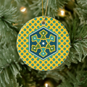 Vintage Blau Gelb Grün Osmanisch Türkisches Sechse Keramik Ornament