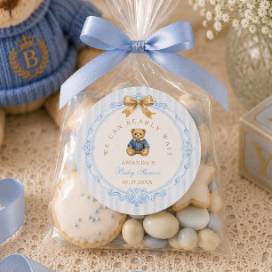 Vintage Blau Gestreiftes Polo-Teddybär-Baby-Shower Runder Aufkleber