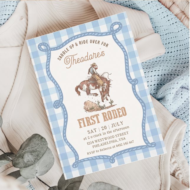 Vintage Blau Gingham First Rodeo Einladung (Von Creator hochgeladen)