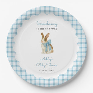 Vintage Blau Gingham Häschen Jungen Baby-Party Pappteller