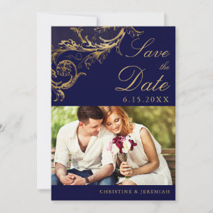 Vintage Blau Gold Blumen Damast Foto Hochzeit Save The Date