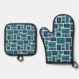 Vintage Blau Grün Fisch Muster Ofenhandschuh & Topflappen-Set