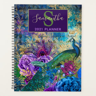Vintage Blau, Lila und Gold Blumen-Pfau Planer
