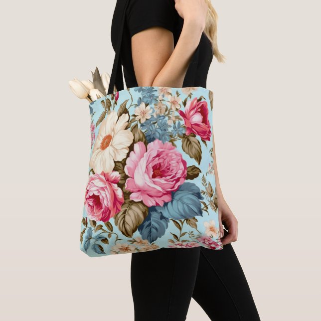 Vintage Blau Rosa Blumengarten  (Von Nahem)
