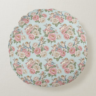 Vintage Blau & Rosa Kokette Cherub Engel Rose Rundes Kissen