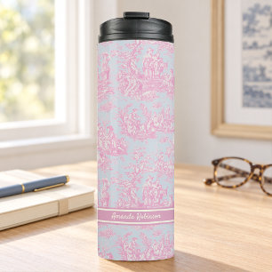 Vintage blau rosa Toile de Jouy gedruckt Thermosbecher