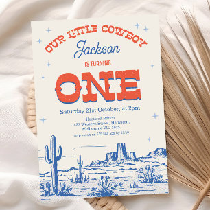 Vintage Blau Rot Kleiner Cowboy 1. Geburtstag Einladung