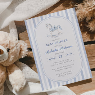 Vintage Blau Toile Schaukelpferd Junge Baby Shower Einladung