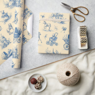 Vintage Blau und Gelbe Toile-Baby-Themen Geschenkpapier