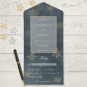 Vintage Blau und Gold glänzende Schneeflocken Essz All In One Einladung