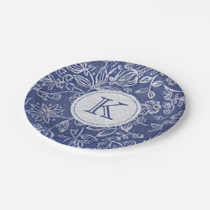 Vintage Blau und Weiß Floral Monogrammiert Pappteller
