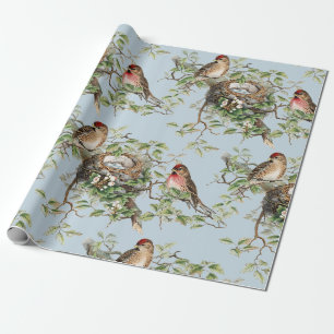 Vintage-Blau-Vogelnestmuster Natur-Dekoupage    Geschenkpapier