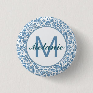 Vintage Blau Weiß Blumenmuster Personalisiert Button