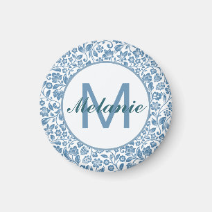 Vintage Blau-Weiß-Blumenmuster Personalisiert Magnet