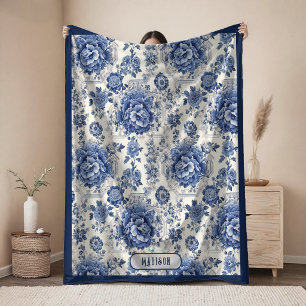 Vintage Blau Weiße Chinoiserie Toile Monogramm Fleecedecke