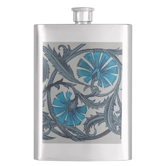 Vintage blaue antike Blume Kunsthandwerk rustikal Flachmann (Vorderseite)