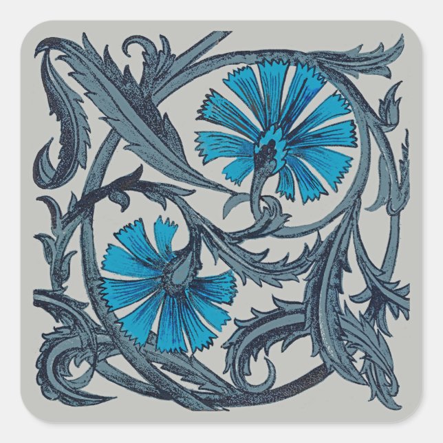 Vintage blaue antike Blume Kunsthandwerk rustikal Quadratischer Aufkleber (Vorderseite)