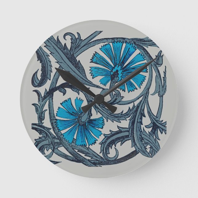Vintage blaue antike Blume Kunsthandwerk rustikal Runde Wanduhr (Vorderseite)
