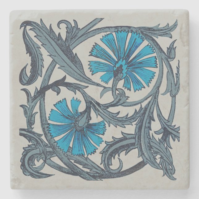 Vintage blaue antike Blume Kunsthandwerk rustikal Steinuntersetzer (Vorderseite)