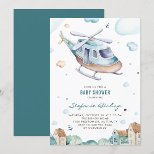 Vintage Blaue Aquarell-Hubschrauber-Jungen-Baby-Pa Einladung