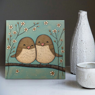 Vintage Blaue Art Nouveau Vogel Liebe Fliese