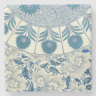 Vintage Blaue Asiatische Blüten: Antike Chinoiseri Steinuntersetzer