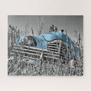 Vintage Blaue Auto auf Grasfeld Puzzle