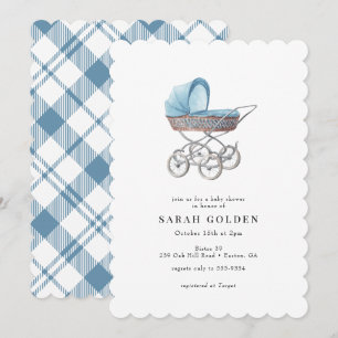 Vintage Blaue Babytragewagen Jungen-Baby-Party Einladung