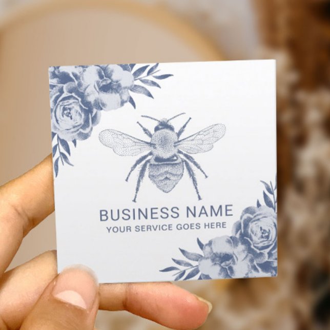 Vintage Blaue Biene & Blume Quadratische Visitenkarte (Von Creator hochgeladen)