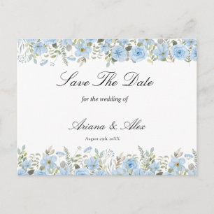Vintage blaue Blumenhochzeit rettet das Datum Postkarte