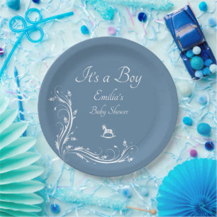 Vintage Blaue Blumige Jungen-Baby-Party Pappteller