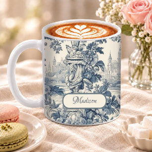 Vintage Blaue Blumige Toile de Jouy Monogramm Kaffeetasse