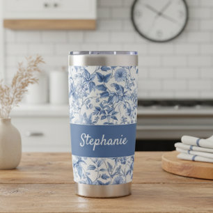 Vintage Blaue Blumige Toile Monogramm Thermobecher