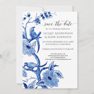 Vintage Blaue Chinoiserie Blumeneinladung zum Spei Save The Date