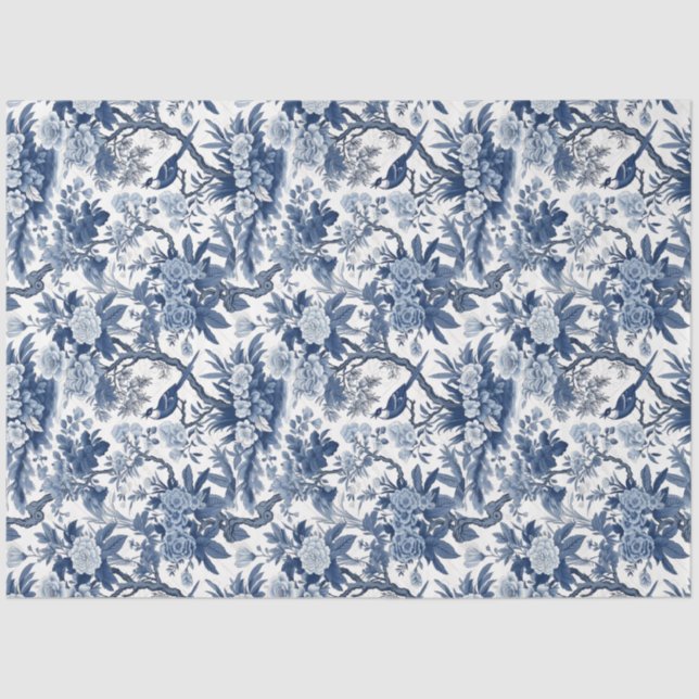 Vintage Blaue Chinoiserie China Vögel Blume Seidenpapier (Vorderseite)