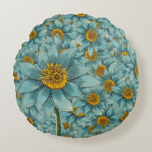 Vintage Blaue Dahlie - Botanischer Blumenschmuck Rundes Kissen