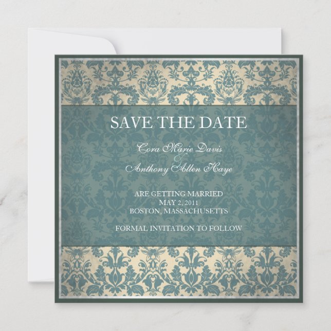 Vintage blaue Damastasenkarte Save the Date (Vorderseite)