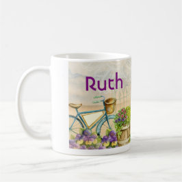 Vintage blaue Fahrrad-Petunien und Stiefmütterchen Tasse