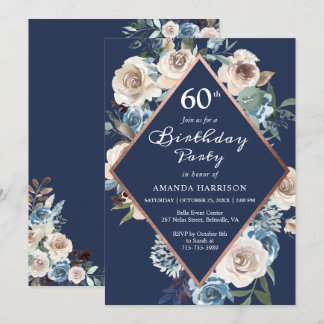 Vintage blaue Flora Rose Gold 60. Geburtstag Einladung