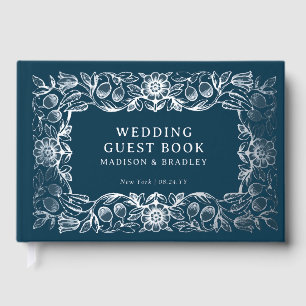 Vintage Blaue Florale Silberfolie Hochzeit Gästebuch