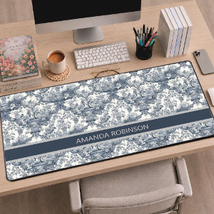Vintage Blaue Französische Damast-Toile Monogramm Schreibtischunterlage