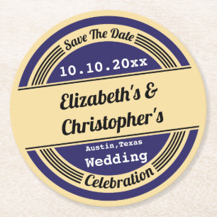 Vintage blaue Hochzeit-Save-The-Date-Unterlage Runder Pappuntersetzer