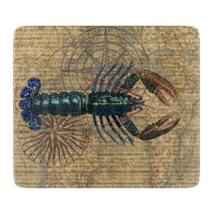 Vintage Blaue Hummer-Karten-Collage: Nautilus Küst Schneidebrett