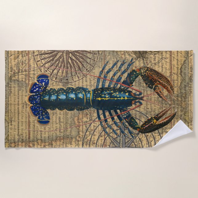 Vintage Blaue Hummer-Karten-Collage: Nautilus Küst Strandtuch (Vorderseite)
