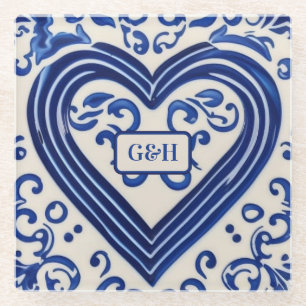 Vintage Blaue Keramik-Herzform für Paare Glasuntersetzer