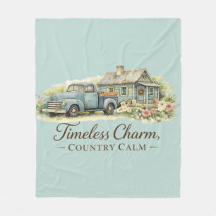 Vintage Blaue Lastwagen Hütte Wildblumen Friedlich Fleecedecke